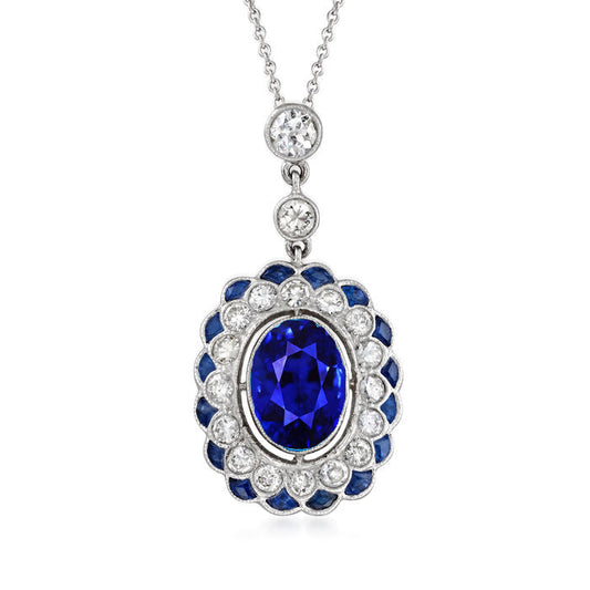 Runder Aus der Erde Abgebauter Natürlicher Diamant-Doppelhalo-Oval-Saphir-Anhänger 4,50 Karat