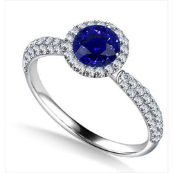 Runder Aus der Erde Abgebauter Natürlicher Diamant Halo Ring Ceylon Saphir Doppel Pave Akzente 3 Karat
