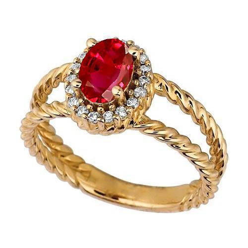 Runder Diamant & Ovaler Rubin Fancy Ring 1,25 Karat Gelbgold 14K