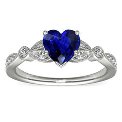 Runder Aus der Erde Abgebauter Natürlicher Diamant-Tiefblauer Saphir-Ring 3 Karat Blatt-Stil Milgrain