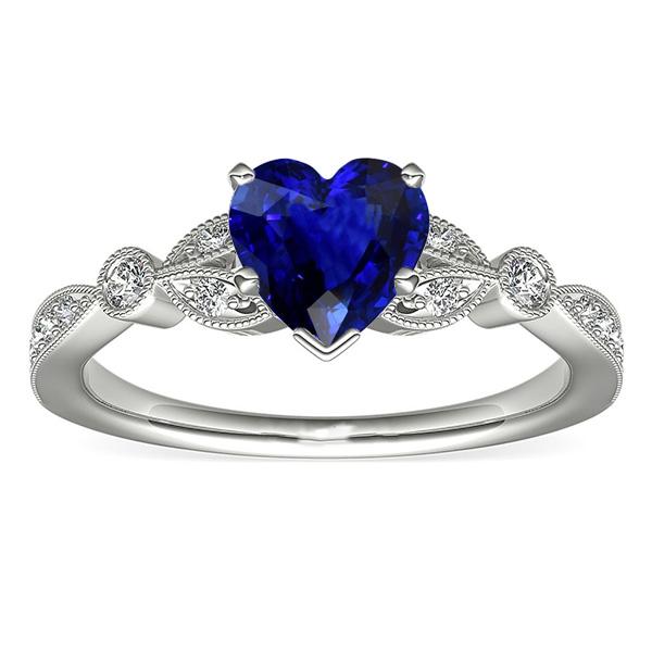 Runder Diamant-Tiefblauer Saphir-Ring 3 Karat Blatt-Stil Milgrain - harrychadent.de