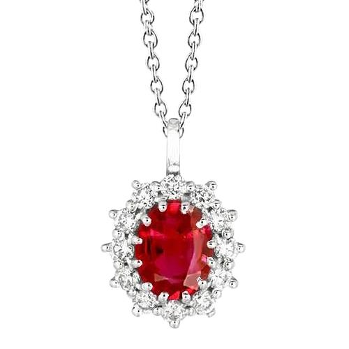 Runder Aus der Erde Abgebauter Natürlicher Diamant- und Ovaler Rubin-Halsketten-Anhänger 3.50 Karat WG 14K