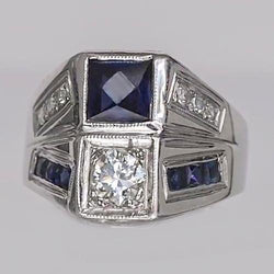Runder Aus der Erde Abgebauter Natürlicher Diamantring im alten Minenschliff & Prinzessinnenblauer Saphir 3,75 Karat