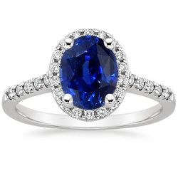 Runder Halo Aus der Erde Abgebauter Natürlicher Diamant-Verlobungsring Oval Ceylon Saphir 6 Karat Gold