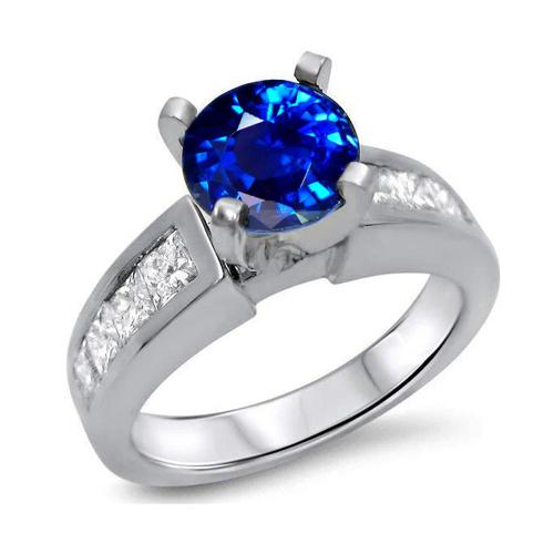 Runder & Prinzessin Schliff Ceylon Saphir Aus der Erde Abgebauter Natürlicher Diamantring 3.20 Karat WG 14K