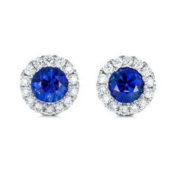 Runder Saphir & Aus der Erde Abgebauter Natürlicher Diamant 6,80 Karat Ohrstecker Weißgold 14K