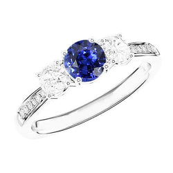 Runder Saphir & Aus der Erde Abgebauter Natürlicher Diamant Ring Weißgold 2,50 Karat 3 Steine Stil