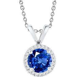 Runder Saphir Schmuck Aus der Erde Abgebauter Natürlicher Diamant Halo Anhänger Massivgold 14K 2 Karat