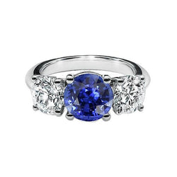 Runder blauer Saphir-Diamant-Ring mit drei Steinen 2.50 Karat Gold 14K