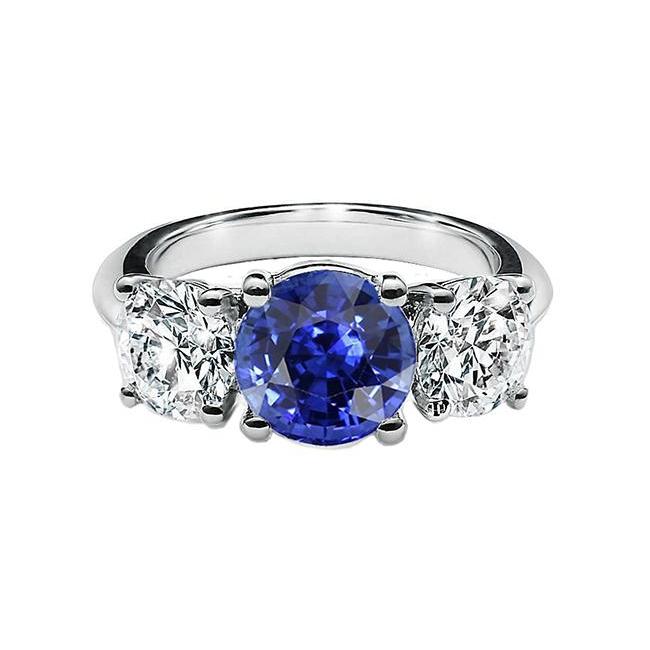 Runder blauer Saphir-Diamant-Ring mit drei Steinen 2.50 Karat Gold 14K - harrychadent.de