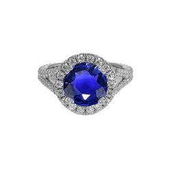 Runder blauer Saphir & Halo Aus der Erde Abgebauter Natürlicher Diamant Verlobungsring 10 Karat Neu