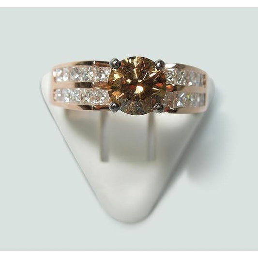 Runder brauner Champagner-Aus der Erde Abgebauter Natürlicher Diamant-Edelstein-Ring 2.5 Karat Roségold 14K