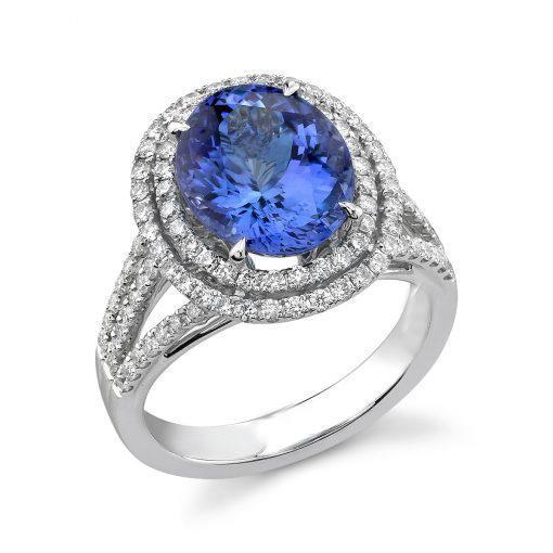 Rundschliff 4,10 Karat Tansanit und Diamanten Ehering 14K WG - harrychadent.de