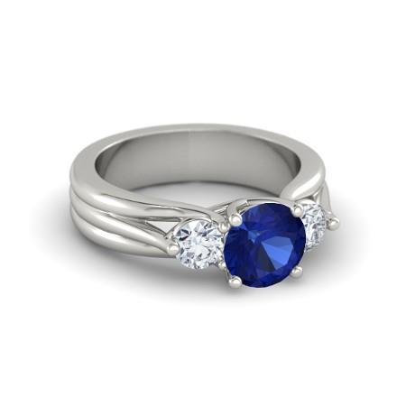 Rundschliff Drei-Stein-Ceylon-Saphir-Aus der Erde Abgebauter Natürlicher Diamant-Ring 1.75 Karat WG 14K