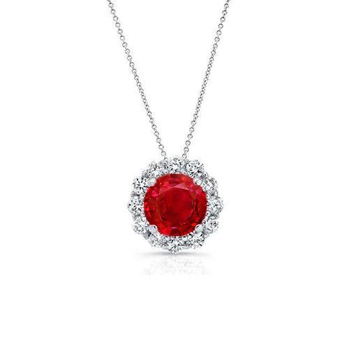 Rundschliff Roter Rubin Aus der Erde Abgebauter Natürlicher Diamant Halskette Anhänger 2,25 Karat Weißgold 14K