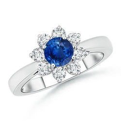 Saphir und Aus der Erde Abgebauter Natürlicher Diamanten Rundschliff 2,45 ct Ehering Weißgold 14K
