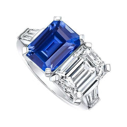 Smaragd Diamant & Blauer Saphir Ring 4,50 Karat Gold Baguette Akzente