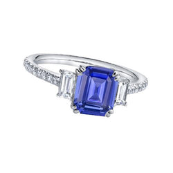 Smaragd Drei Steine Blauer Saphir Ring & Pave Set Aus der Erde Abgebauter Natürlicher Diamanten 3 Karat