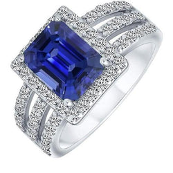 Smaragd Halo Srilanka Saphir Ring Dreifachschaft Aus der Erde Abgebauter Natürlicher Diamanten 5,50 Karat