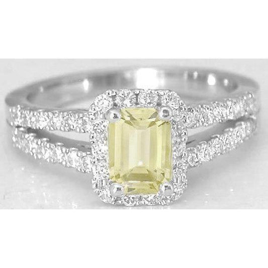 Smaragd & Rundschliff 4 Karat Gelber Saphir Aus der Erde Abgebauter Natürlicher Diamanten Ring Weißgold 14K