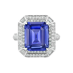 Smaragdförmiger Aus der Erde Abgebauter Natürlicher Diamant-blauer Saphirring 4,50 Karat Pave Set Akzente