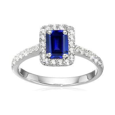 Smaragdschliff Sri Lanka Saphir Diamanten Ring 3 Karat Weißgold 14K