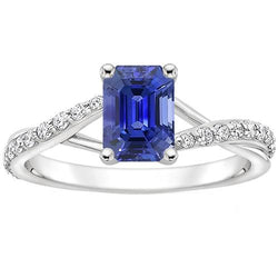Solitaire Accents Ring Split Shank Blauer Saphir & Aus der Erde Abgebauter Natürlicher Diamant 4 Karat