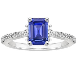 Solitaire Akzente Ring Blauer Saphir & Diamant 4 Karat Smaragdschliff