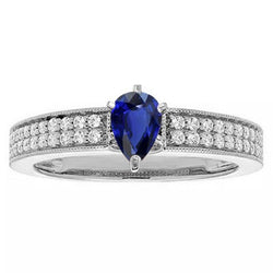 Solitaire Birnenblauer Saphirring mit Aus der Erde Abgebauter Natürlicher Diamantakzenten 3 Karat