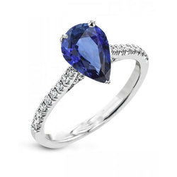 Solitaire Birnenblauer Saphirring mit Jakobsmuschelbesatz Aus der Erde Abgebauter Natürlicher Diamanten 3 Karat
