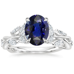 Solitaire Blauer Saphirring & Aus der Erde Abgebauter Natürlicher Diamantakzente 5,50 Karat Blattstil