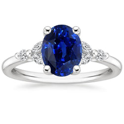 Solitaire Blauer Saphirring Mit Runden & Marquise Aus der Erde Abgebauter Natürlicher Diamanten 3,75 Karat