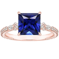 Solitaire Ring Akzente Roségold Blauer Saphir und Aus der Erde Abgebauter Natürlicher Diamant 5,5 Karat