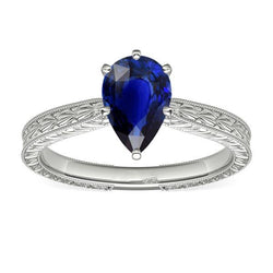 Solitär Birne Antik-Stil Blauer Saphir Ring 1,50 Karat Weißgold