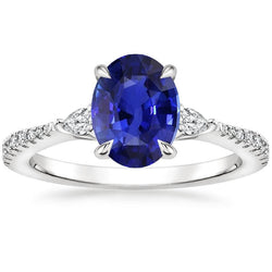 Solitär Blauer Saphir Mit Birne & Rundem Aus der Erde Abgebauter Natürlicher Diamant Akzentring 3 Karat