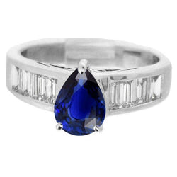 Solitär-Ring mit Baguette-Aus der Erde Abgebauter Natürlicher Diamant-Akzenten Blauer Saphir 3,50 Karat
