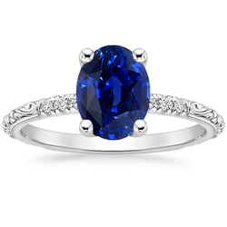 Solitär im antiken Stil, blauer Saphir mit Akzentring 3,50 Karat