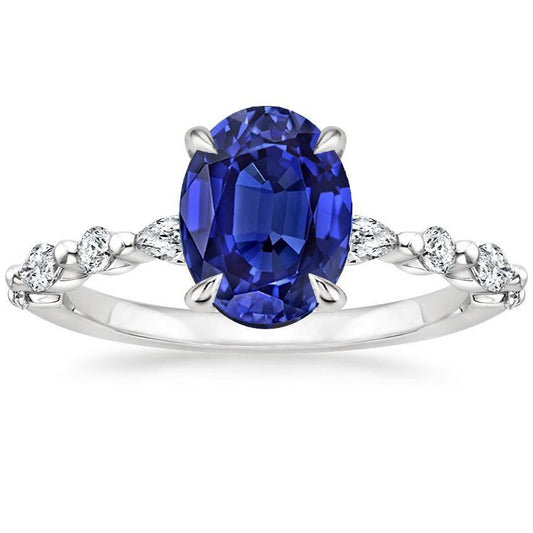 Solitärring mit Birne & rundem Diamantakzent Blauer Saphir 4 Karat - harrychadent.de