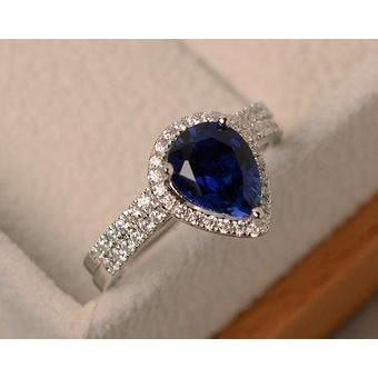 Sri Lanka Blauer Saphir Birne & Runder Aus der Erde Abgebauter Natürlicher Diamant Ring 2.75 Karat WG 14K