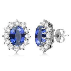 Sri Lanka Saphir Oval & Rund Pave Halo Aus der Erde Abgebauter Natürlicher Diamant Ohrstecker WG 14K