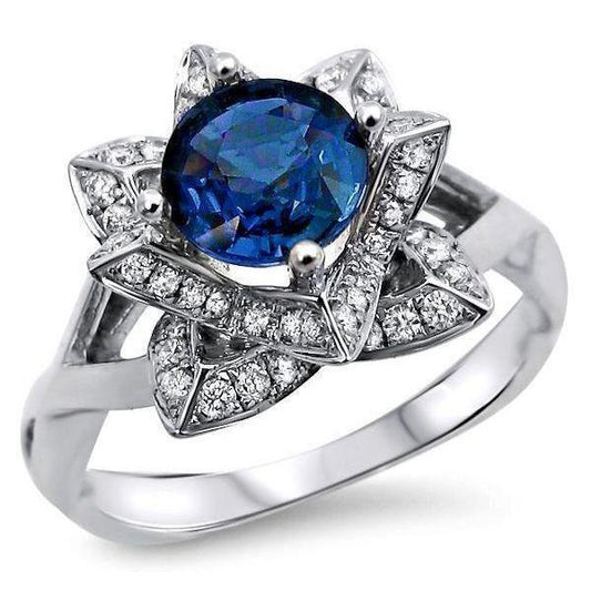 Sri Lanka Saphir mit Aus der Erde Abgebauter Natürlicher Diamanten 3 Karat Blumenring Weißgold 14K