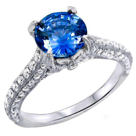 Sri Lanka Saphir mit Aus der Erde Abgebauter Natürlicher Diamanten Rundschliff Ring 4.50 Ct