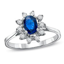 Sri Lanka Saphir und ovale und runde Aus der Erde Abgebauter Natürlicher Diamanten 2.50 Ct. Ring WG 14K