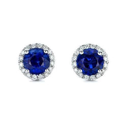 Sri Lankan Saphir & Halo Runde Aus der Erde Abgebauter Natürlicher Diamant Ohrstecker 6.60 ct. WG 14K
