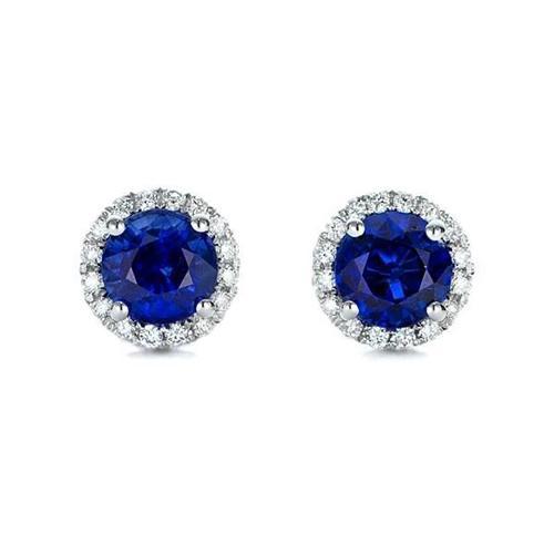 Sri Lankan Saphir & Halo Runde Aus der Erde Abgebauter Natürlicher Diamant Ohrstecker 6.60 ct. WG 14K
