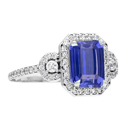 Srilanka Saphir Halo Smaragdschliff Ring 4,50 Karat 3 Steine Stil