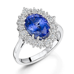 Tansanit im Ovalschliff mit runden Aus der Erde Abgebauter Natürlicher Diamanten 5,20 ct Ring Weißgold 14K
