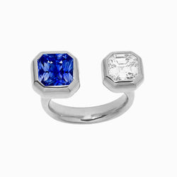 Toi et Moi Asscher Aus der Erde Abgebauter Natürlicher Diamantring-Lünette Set Strahlender Saphir 2,50 Karat