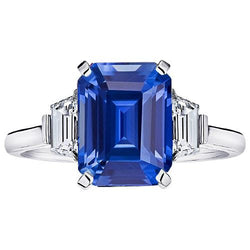 Trapezoid Aus der Erde Abgebauter Natürlicher Diamant 3 Steine Ring 3,50 Karat Smaragd Srilankan Saphir
