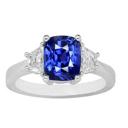 Trapezoid Diamant & Kissen Blauer Saphir 3 Steine Ring 2,50 Karat